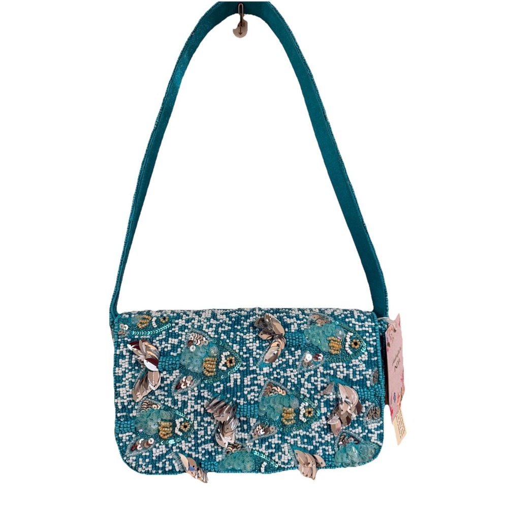 Handcrafted in India Beaded Bag Teal & Silver Fish Sequin Shoulder Bag NWT